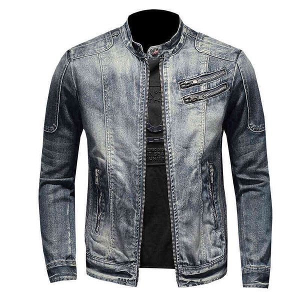 New Denim Jacket Homens Motocycle Denim Casacos Streetwear Moda Slim Fit Cowboy Outerwear Moto Biker Mens Denim Casaco Casual Casaco Y1122