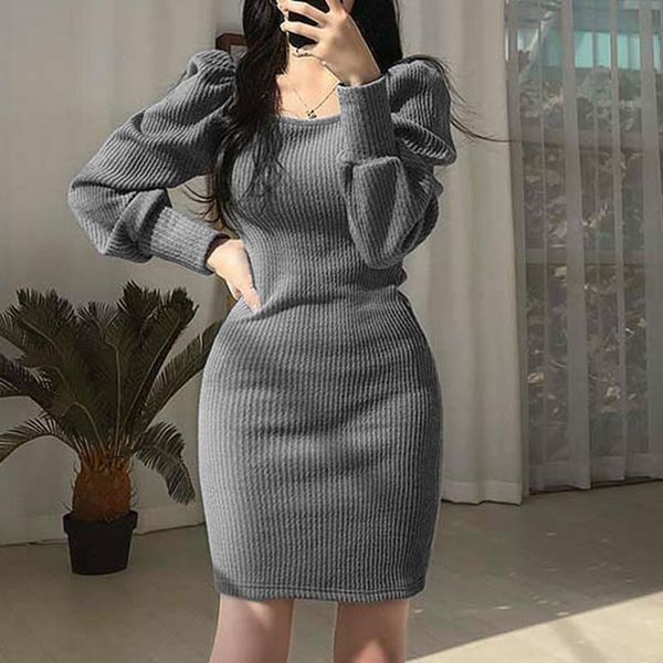 

casual dresses vintage elegant bubble sleeve solid color knitted dress women square collar slim fit package hip vestido feminino, Black;gray