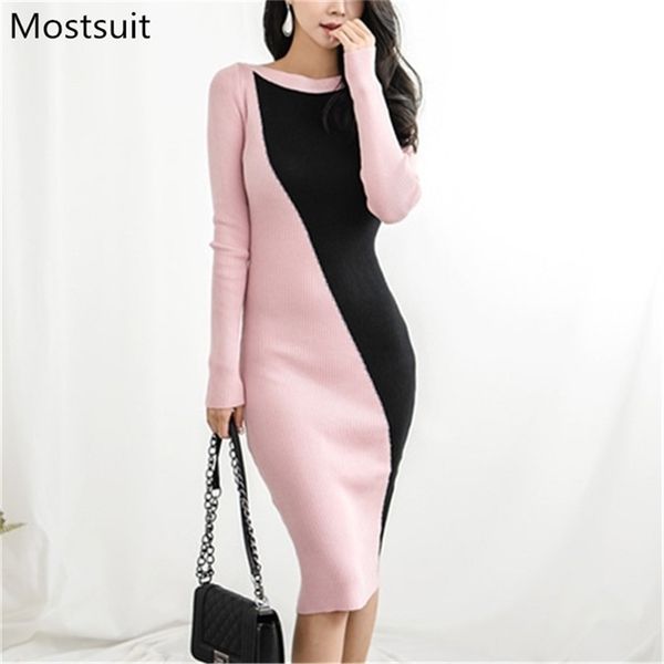 

color-blocked korean elegant knitted women dress autumn long sleeve o-neck stretchy ladies pencil dresses vestidos femme 210513, Black;gray