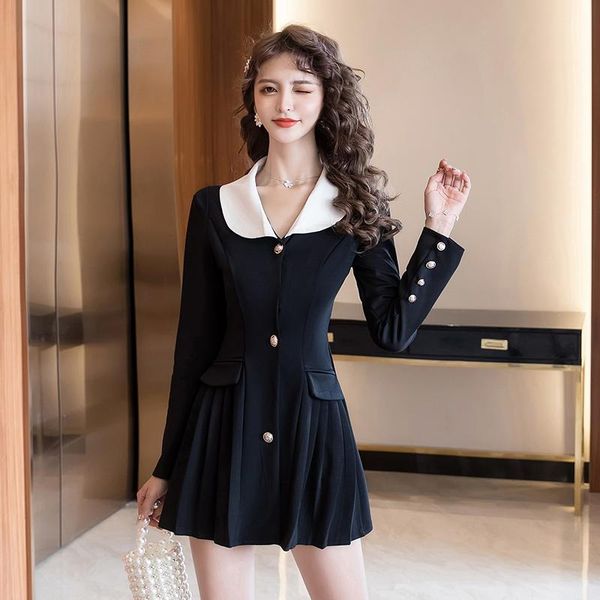 

casual dresses coigarsam women one piece korea dress autumn 2022 office lady long sleeve solid high waist black robe vestidos, Black;gray