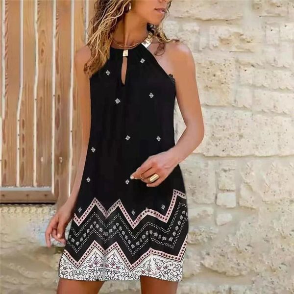 

casual dresses 2021 summer women dress boho print beach short off shoulder halter loose a-line fashion plus size vestidos, Black;gray