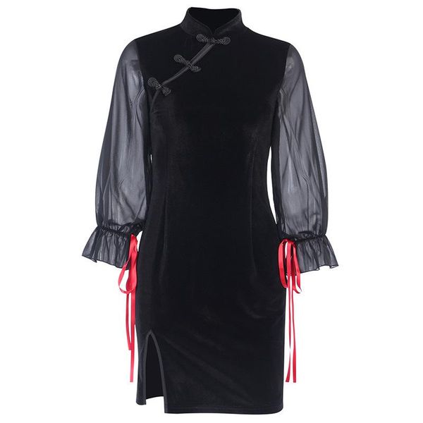 

casual dresses balck cheongsam stitching dress slit lace transparent silk sleeve woman lantern lady slim chinese clothes, Black;gray