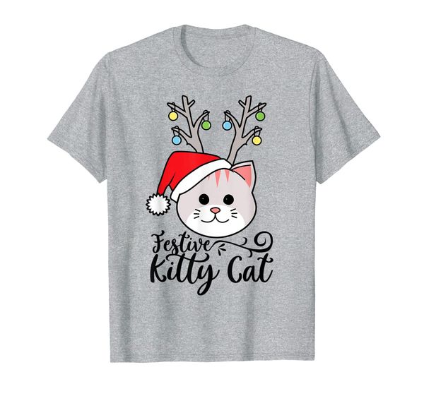 

festive kitty cat with reindeer antlers and santa hat t-shirt, White;black