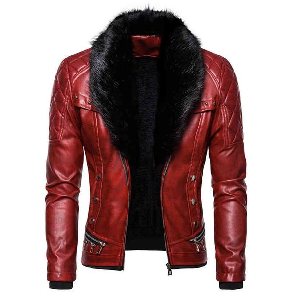 

newt punk men thick riv dign motorcycle biker leather et male fur collar windproof coat, Black
