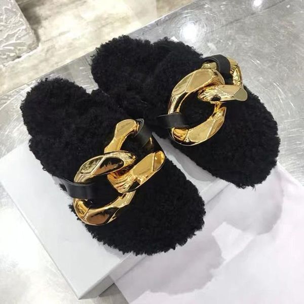 

women slippers furry fur slides home flip flops ladies winter warm metal mules shoes female outside for, Black