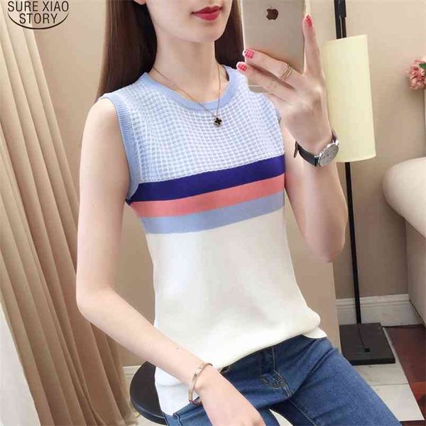 

korean knitted vests women o-neck striped tank summer for fashion female sleeveless clothes 9154 50 210506, White