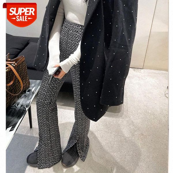 

nianhuan knit trousers with open flared trousers, casual b korean waist straight leg pants women #qe4a, Black;white