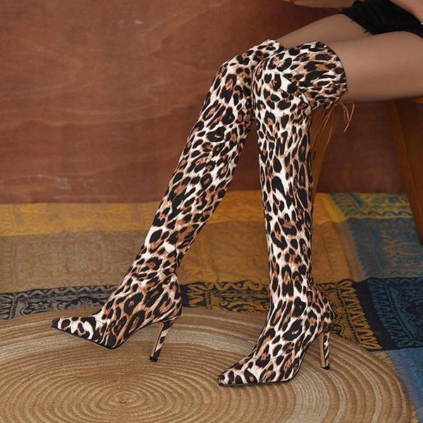 

boots leopard long women high heel boot pointed toe club shoes thigh over-the-knee fashion, Black