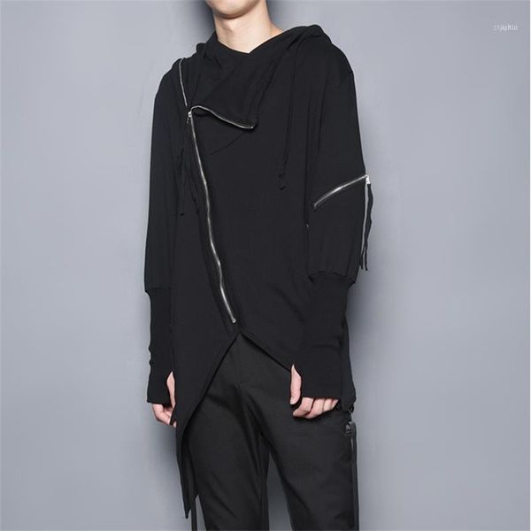 

dark three-dimensional tailoring irregular personality oblique zipper stitching hooded jacket casual windbreaker trendy m1, Tan;black