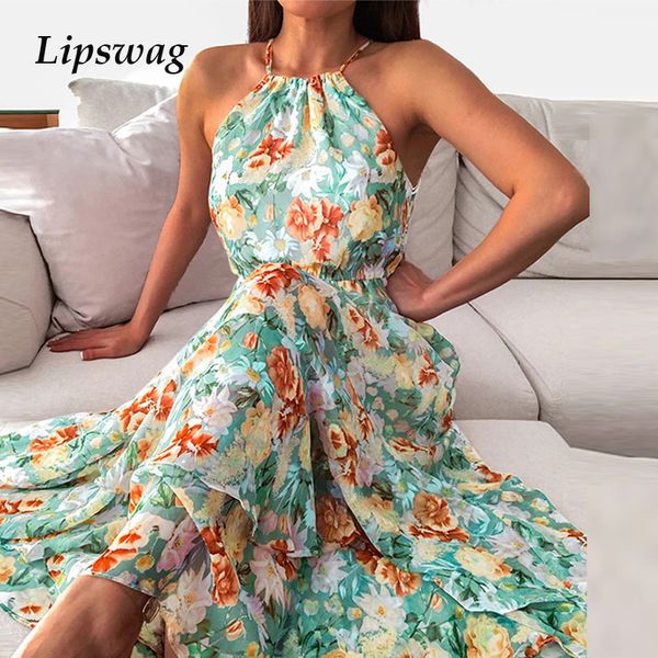 

2021 elegant summer sleeveless halter lady party dress vintage floral print boho long dress off shoulder women beach dresshigh quality, Black;gray