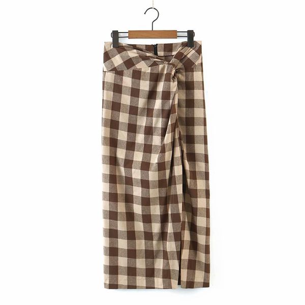 

puwd slim women soft cotton side slit skirt summer fashion ladies high waist casual vintage female plaid draped 210427, Black