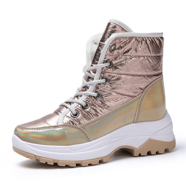 

boots 2021 winter for women warm plush sneakers shoes ankle girls gold chunky platform lace-up female, Black