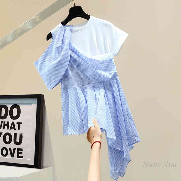 

blouses irregular long shirt for women korean style loose-fitting pleated off-shoulder striped short sleeve t blouse blusas femme, White