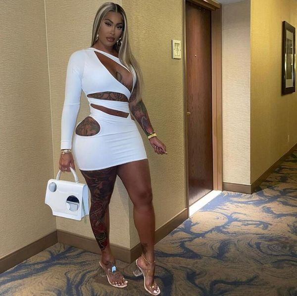 

casual dresses solid color single-sleeve oblique shoulder hollow mini 2021 fall women's fashion club party dress white tight, Black;gray