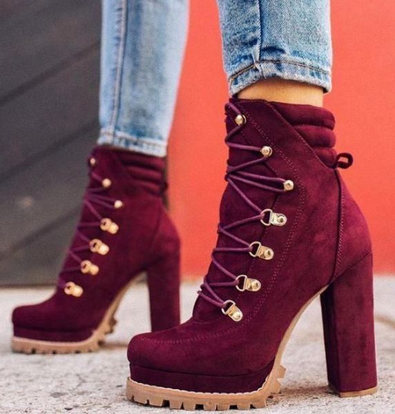 

boots fashoin flock lace-up women casual female mujer sapato feminino high heels brogues chunky shoes woman ladies shoe sf1047, Black