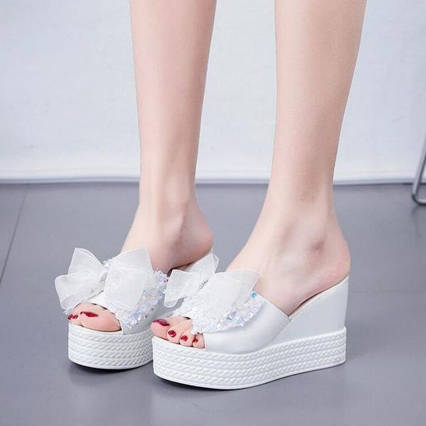 

slippers brand summer wedges women thick heels bottom flip flops slip-resistant high-heeled shoes woman slides, Black