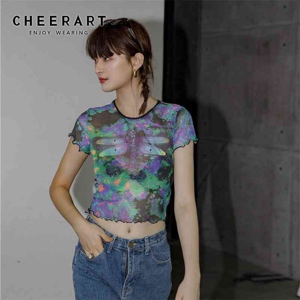 Cheerart Libelle Tie Dye Mesh Crop Top Frauen Sommer T-shirt Kurzarm T-shirt Gothic T-shirt Mode Tops Ästhetische Kleidung 210324