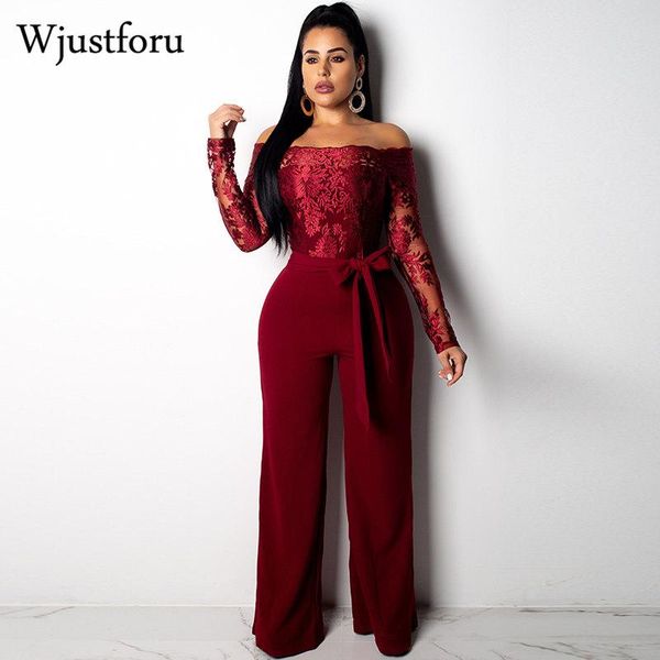 

women's jumpsuits & rompers wjustforu floral elegant lace jumpsuit women fashion off shoulder wide leg playsuit female casual bandage s, Black;white
