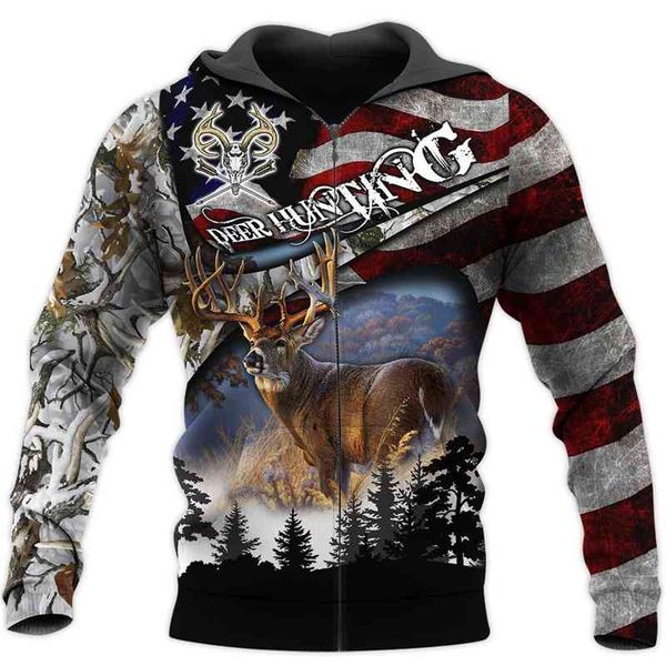 

american flag outdoor hunting elk sweater personality hooded couple sports cardigan hoodie, Black