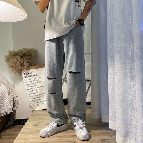

summer ripped wide-leg jeans men's fashion casual blue hole men streetwear loose hip-hop straight denim trousers mens