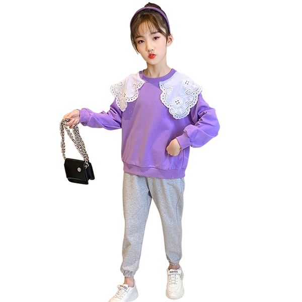 

teen girls clothing sweatshirt + pants teenage spring autumn clothes girl lace children's 210527, White