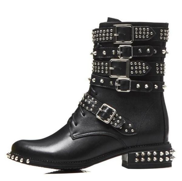 

boots rivets studded motorcycle leather round toe buckle strap woman ankle punk style riding, Black