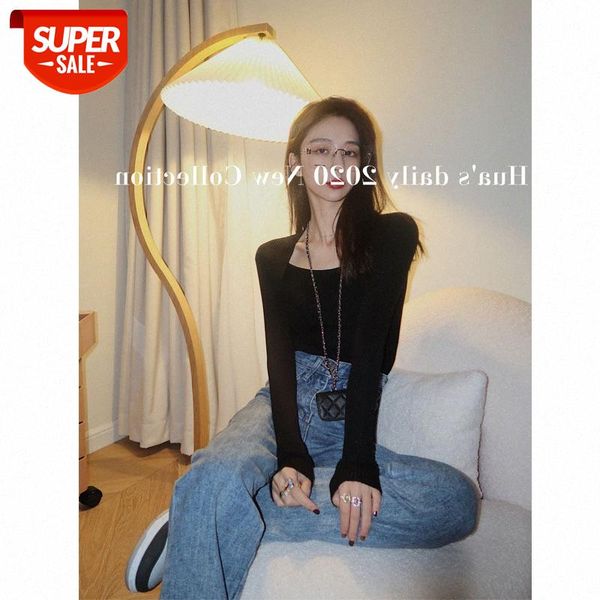 

small flower black square neck knitted bottoming shirt women's korean slim #xi4h, White