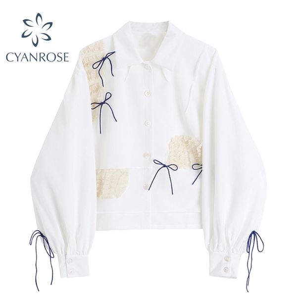 

irregular spliced crop shirt blouse women bownot design cardigan lapel blusas mujer long sleeve spring loose ins white 210430