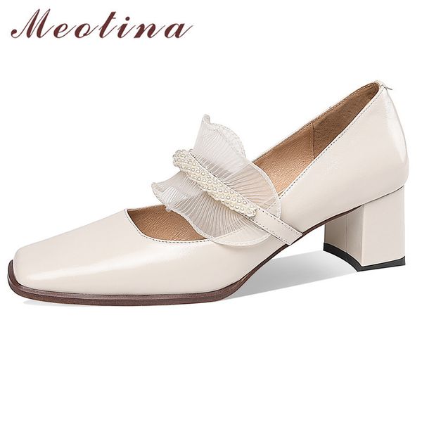 

meotina cow leather square toe mary janes shoes women lace string bead party pumps high heel fashion footwear block heels shoes 210520, Black