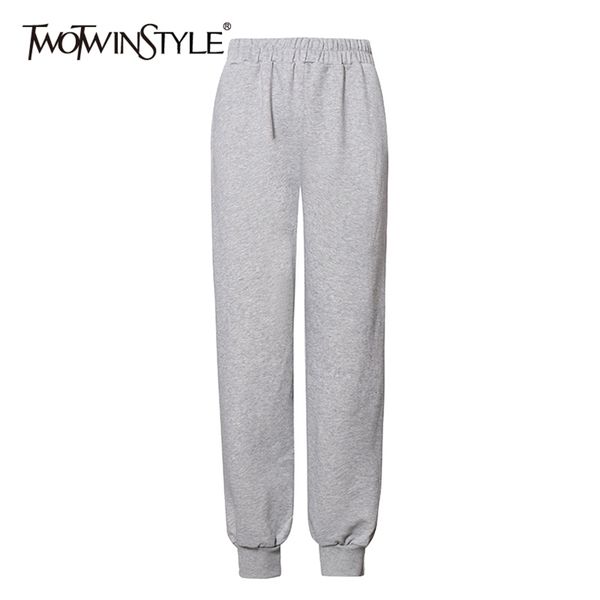 

sporty pants for women high waist elastic gray solid minimalist trousers female fashion clothing 210521, Black;white