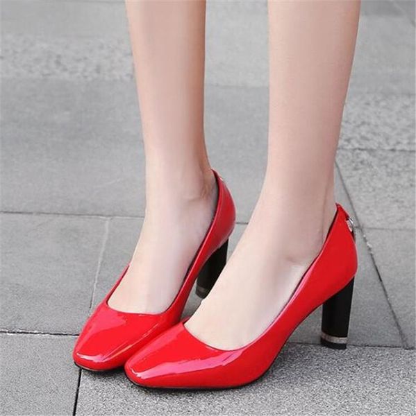 

strange high heel shoes women patent leather shallow pumps 2021 spring square toe slip on dress party wedding, Black