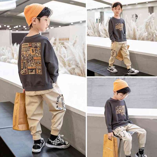 

2021 wear boys' spring sweater set children's korean version new long sleeve two-piece suit for foreign boys, Black;white