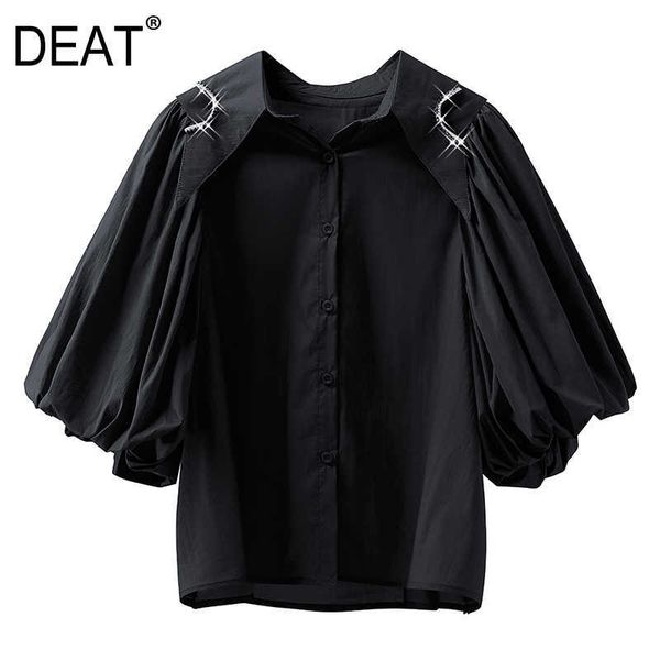 

[deat] summer fashion single-breasted solid color three quarter sleeve diamonding turn-down collar shirt 13d187 210527, White