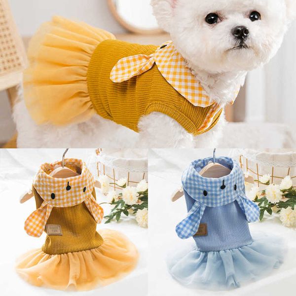 Bonito Coelho Pet Roupas de Cão Verão Vestido xadrez XS para Cães Femininos Gaze Corgi Peluche Pomeranian Yorkie Chihuahua Poodle Trajes