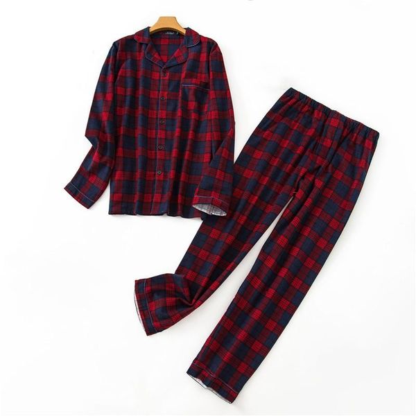 

men's sleepwear 2021 autumn casual plaid pajama sets men long sleeve turn-down collar shirt & pants male soft 100% cotton suit, Black;brown