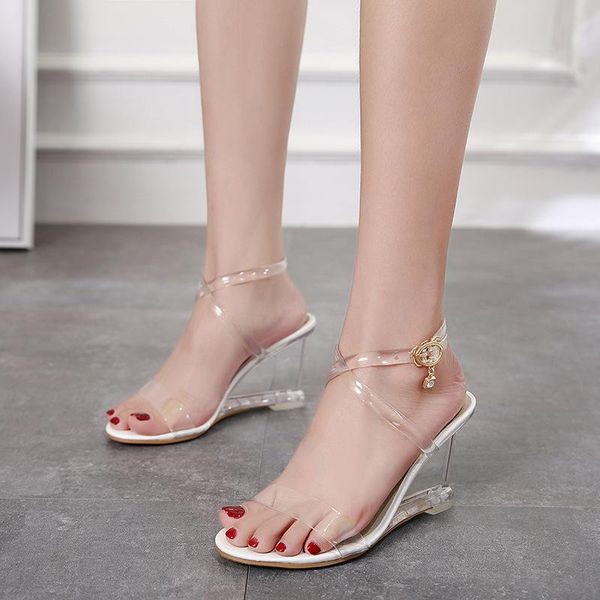 

women pumps transparent pvc high heels wedges sandals open toe crystal dress party shoes, Black