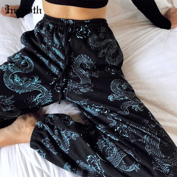 InsGoth Frauen Streetwear Hosen Harajuku Gothic Vintage Schwarz Schaden Hose Drachen Drucken Hohe Taille Beiläufige Lose Lange Hosen Weibliche X0629