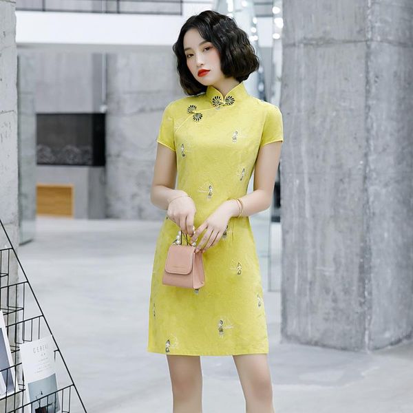 

yellow slim short cheongsam women cute cartoon print novelty qipao exquisite handmade button trim elegant chinese dress ethnic clothing, Red