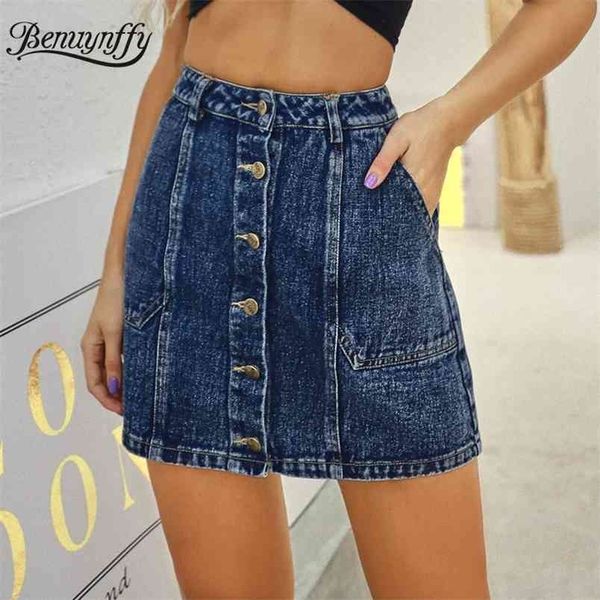 

summer fashion single breasted denim skirts women pockets high waist female casual bodycon a-line short jean skirt 210510, Black