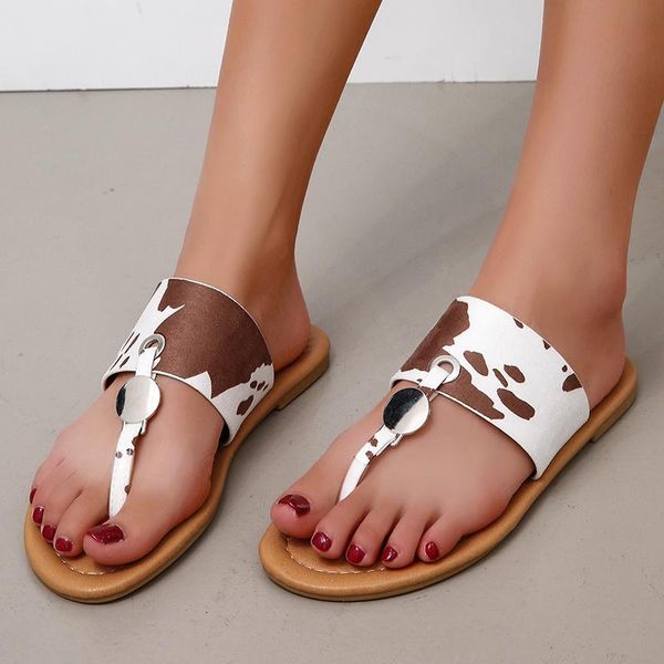 

summer women cow print slippers flat shoes t-tied non slip rubber sole beach fashion flip flops outdoor sandals ladies whosale, Black