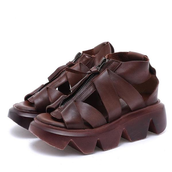 

retro thick-soled platform shoes leather women's front zipper 2021 summer sandals, Black