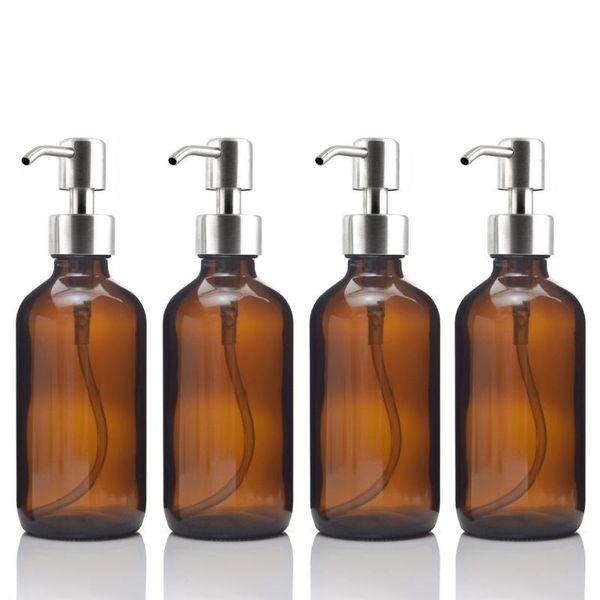 

storage bottles & jars 4pcs 8 oz amber glass boston round bottle w/ stainless steel pump for kitchen bathroom liquid soaps essential oils lo