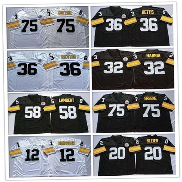 

32 men's vintage franco football harris 20 rocky bleier 36 jerome bettis 58 jack lambert 75 joe greene jersey white black size s-3xl