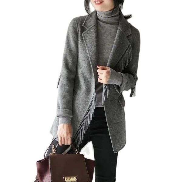 

women's wool & blends fashion double-sided woolen jacket blended coat 2021 autumn winter grey black tassel blazer female outerwear 4xl