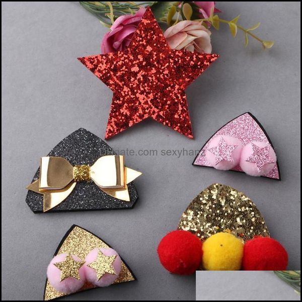 Takı Saç Klipler Barrettes 30pcs/Lot Glitter Kumaş Yıldızlar Şerit Düğüm Yay Yuvarlak Kürk Top Dekorasyonlu Bling Kulak Düğmesi Yama Stic