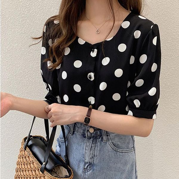 

women fashion clothing shirt casual short sleeve polka dot o-neck button shirts half sleeve#g30 women's blouses &, White