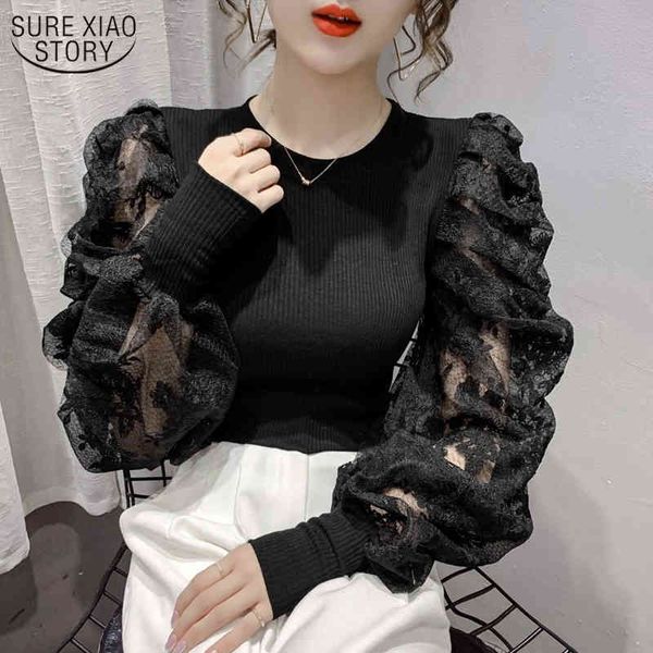 

korean style autumn women lace knitted shirt spliced blouse sweet o-neck puff long sleeve slim female 11263 210508, White