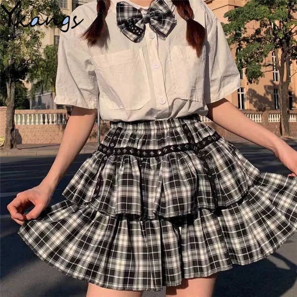 

summer plaid mini cake bouffant lovely skirts women high-waisted harajuku pleated skirt japanese style short skirts 210619, Black