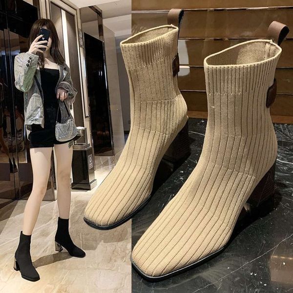 

martin boots women's spring single korean socks thick heels elastic high thin short, Black