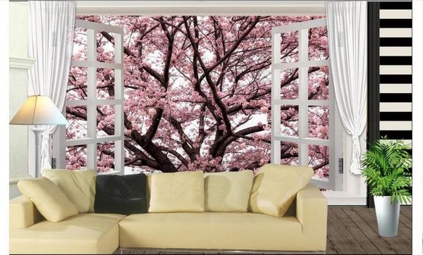 

wallpapers custom 3d po mural wallpaper living room romantic cherry blossom window scenery tv background wall home decoration